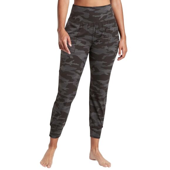 Athleta Salutation Jogger Womens S Black Camo Pockets High Rise Yoga Gym UPF50 - Picture 1 of 15